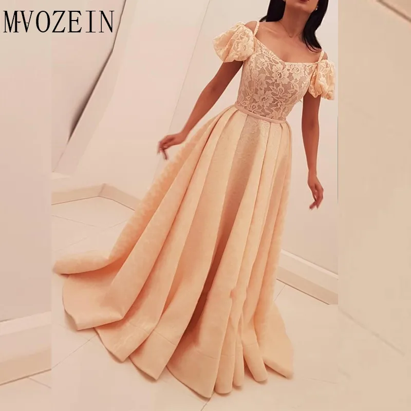 

New Arrival Long Evening Dresses 2019 A-Line Lace Bubble-Sleeves Islamic Dubai Kaftan Saudi Arabic Long Formal Evening Gown