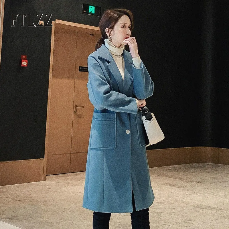 Женское розовое шерстяное пальто Модная осенне зимняя Длинная шерстяная куртка