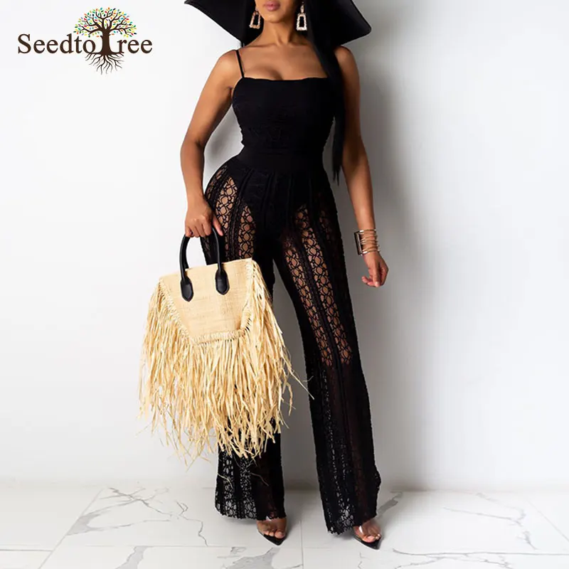 Облегающие Комбинезоны на бретелях спагетти и сетчатые брюки с высокой талией