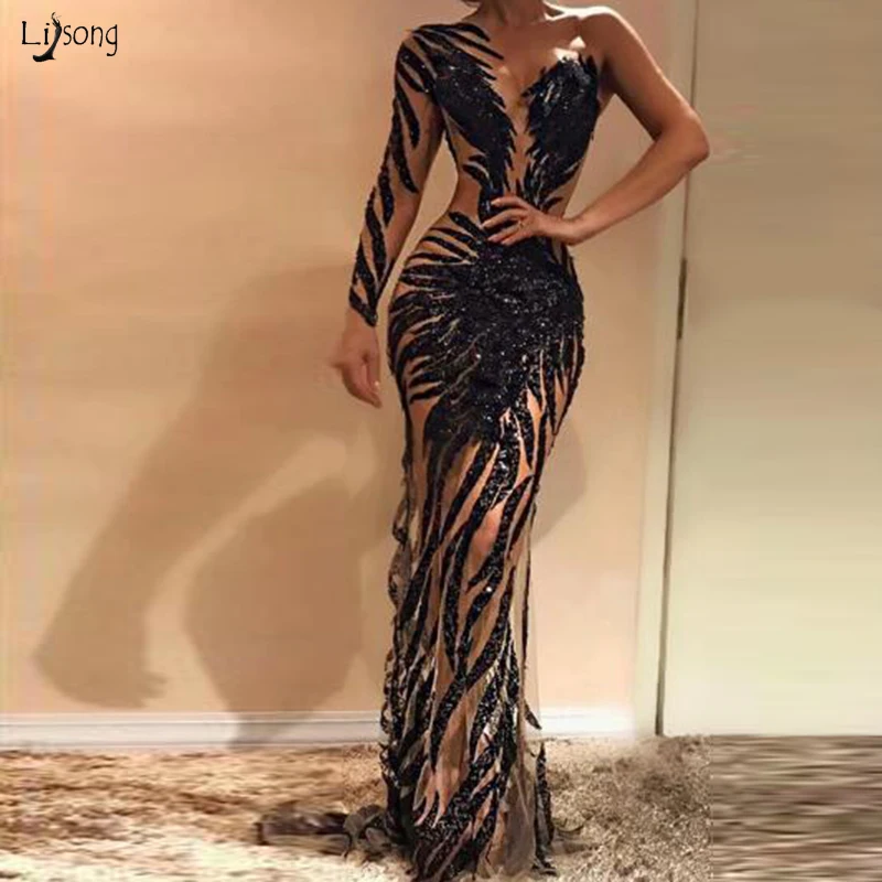 Черные вечерние платья с аппликацией на одно плечо от Haute Couture блестящее женское