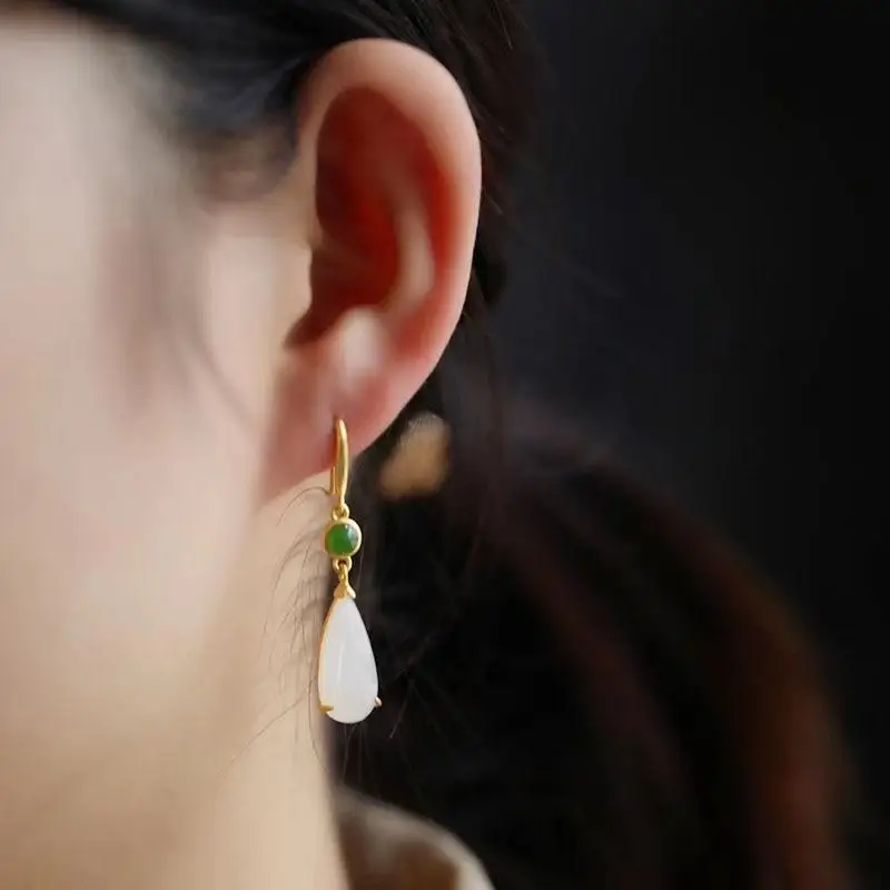 

New SNew Silver Inlaid Hotan Jasper Earrings Chinese Style Retro Classic Ear Hook Niche Design Women's Valentine's Day Gift