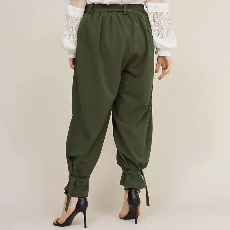 

XL-5XL Autumn Winter Women Long Pant Pocket Green Casual High Waist Office Ladies Trousers Belted 4XL Large Size Loose OL Pants