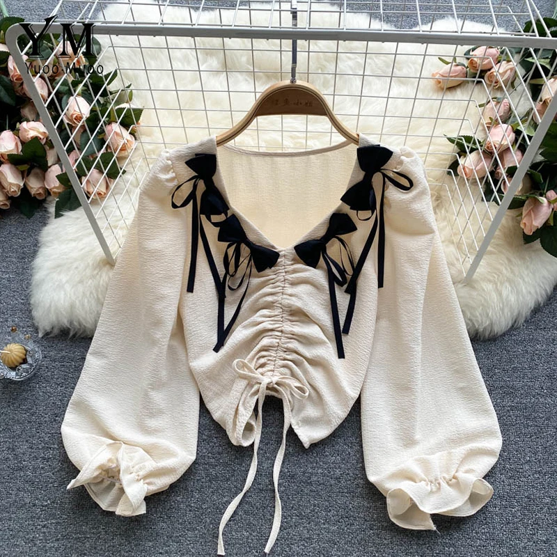 

YuooMuoo Korean Fashion Bows V-neck Ruched Women Blouse Shirts Streetwear Spring Autumn Ladies Crop Tops
