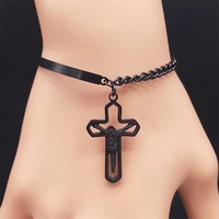 stainless steel christian cross jesus chain bracelets for women black color charm bracelets jewelry pulseras mujer moda b4514s03