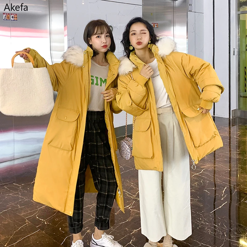 With Fur Collar Women's Winter Jackets Thick Long Parkas Female Hooded Solid Loose Korean Style Cotton Wram Coat Ladies | Женская