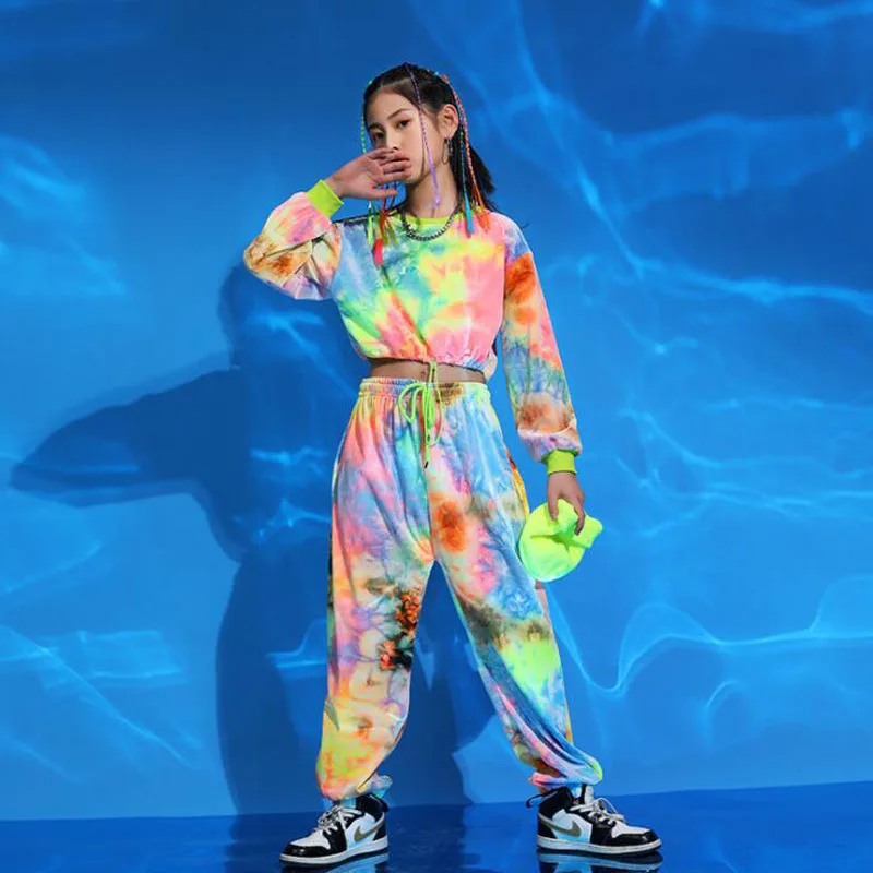 

Kids Concert Outfits Performance Hip Hop ClothingTie Dye Crop Sweatshirt Streetwear Pants For Girls Singer Show Dance Costume