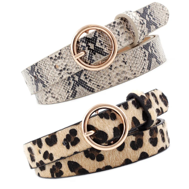 

Women Belt Leopard Belt with Gold Round Buckle Ladies Belt Snake Zebra Pattern Waistband PU Leather Belts Female Fashion Cool