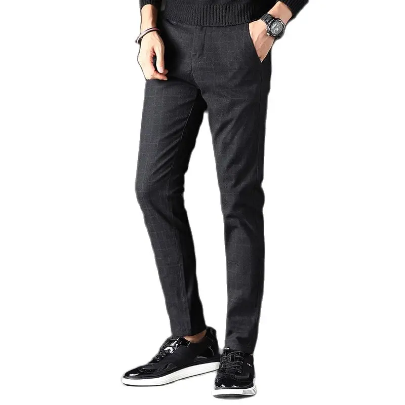 Брюки мужские Стрейчевые в клетку модные повседневные приталенные штаны