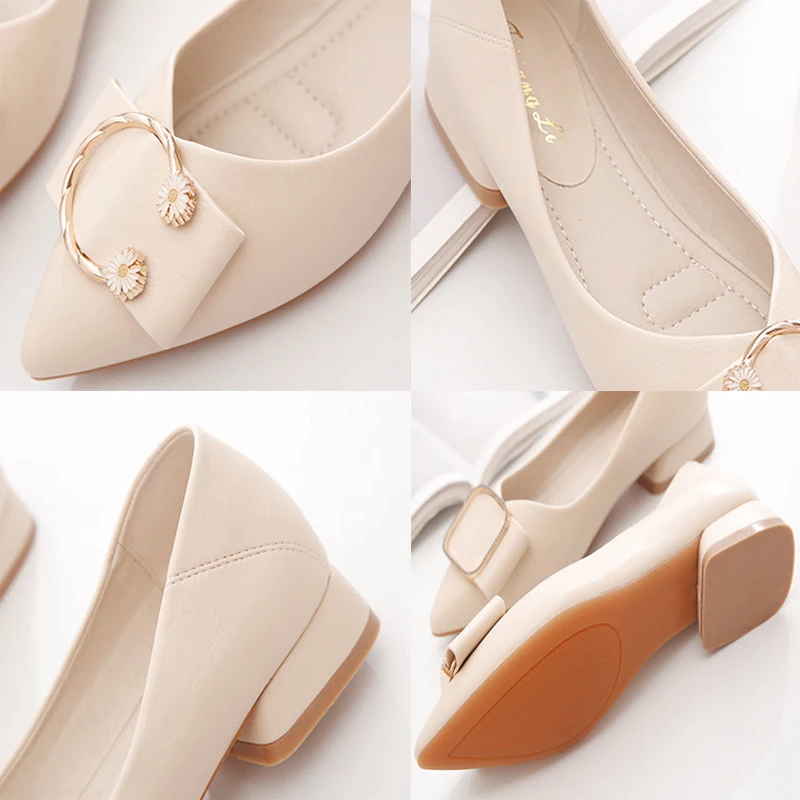 

PU Soft Leather Pointed Toe Low-Heeled Single Shoes Daisy Metal Decoration Designer Casual Shoes Woman Elegant Office Shoes