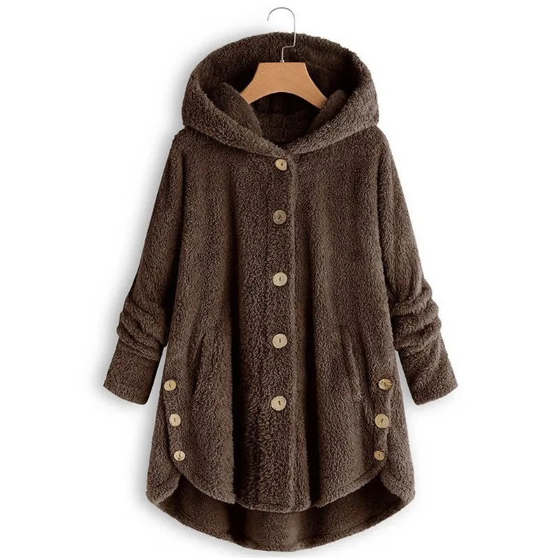 

2019 winter fashion women's loose hooded jacket coat button plush irregular brand solid coats outwear plus size s-5xl