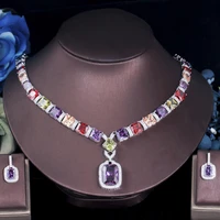 threegraces luxury multicolor cubic zirconia big geometric square earrings necklace bridal wedding jewelry set for brides t0633