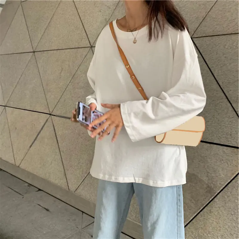 

round Neck Long-Sleeved T-shirt for Women Spring and Autumn 2021 New Korean Style Loose All-Matching Slimming Solid Color