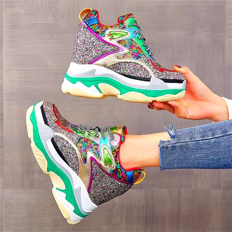 Casual Shoes Women Shiny Glitter Cow Leather Wedges High Heel Ankle Boots Female Round Toe Fashion Sneakers Platform Pumps Shoes