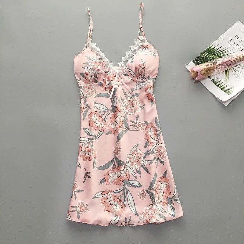 sleepwear women Satin Flower Printint Silk Lingerie Bow Lace Pajamas Sleeveless Sleepwear Nightdress E30 | Женская одежда