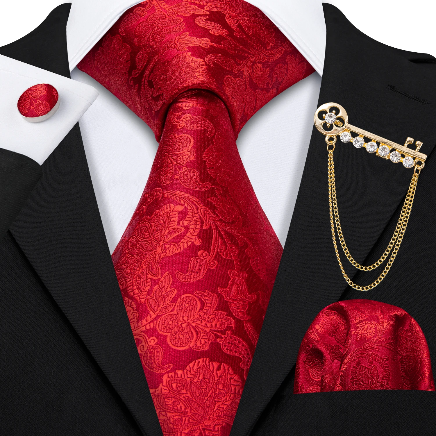 

Floral Paisley Men Tie Red Striped Jacquard Silk Tie Necktie Handkerchief Cufflinks Brooch Set Wedding Party Barry.Wang