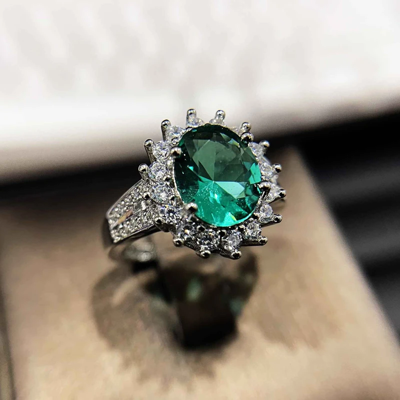 

925 Silver Exquisite Flower Ring Fashion Green Round AAA Cut Zircon Geometry Luxury Jewelry For Women Wedding Anniversary Gift
