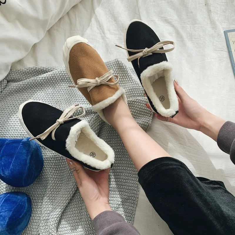 Осенне-зимние женские теплые хлопковые туфли с бантиком и помпоном короткие