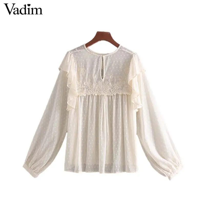 Vadim women casual embroidery beige blouse ruffles pleated long sleeve oversized style female stylish tops blusas mujer LB441
