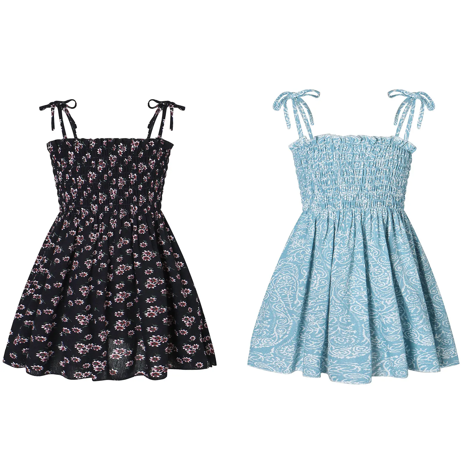 

Одежда для маленьких девочек, летнее платье на бретельках с небольшим цветочным принтом и бантом, летние комплекты детской одежды с эластич...