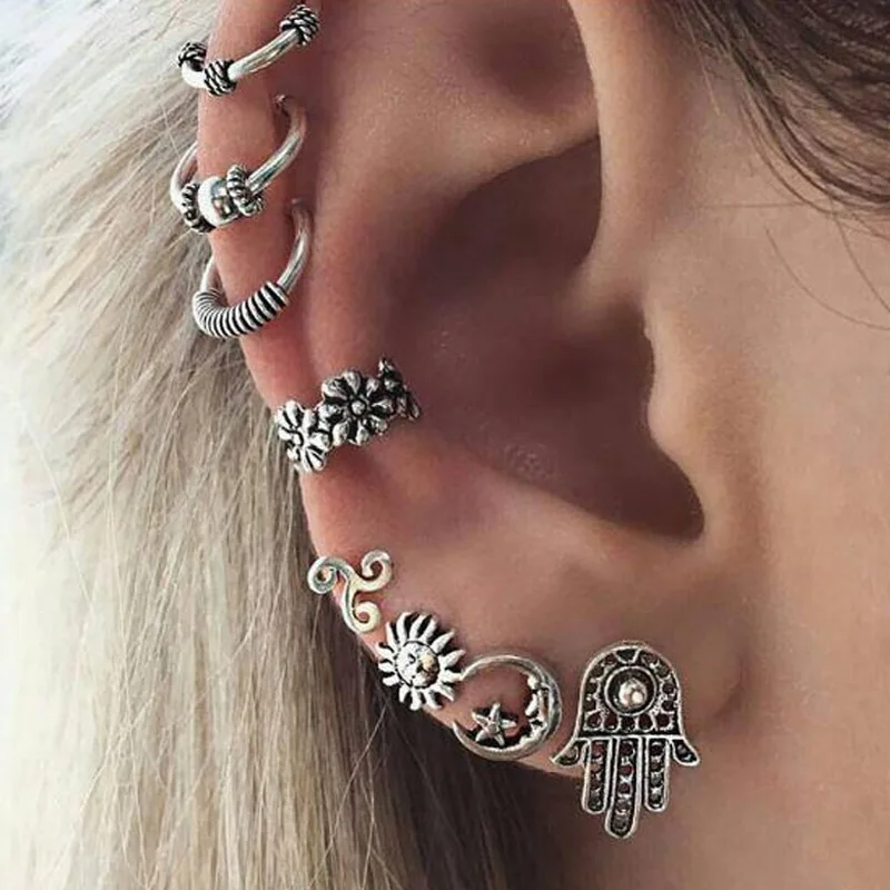 

2021 New Personality Bohemian Gothic Punk Screw Earrings Woman's Ensemble Accessories Silver Vintage Earrings 8 Pgs Wholesale