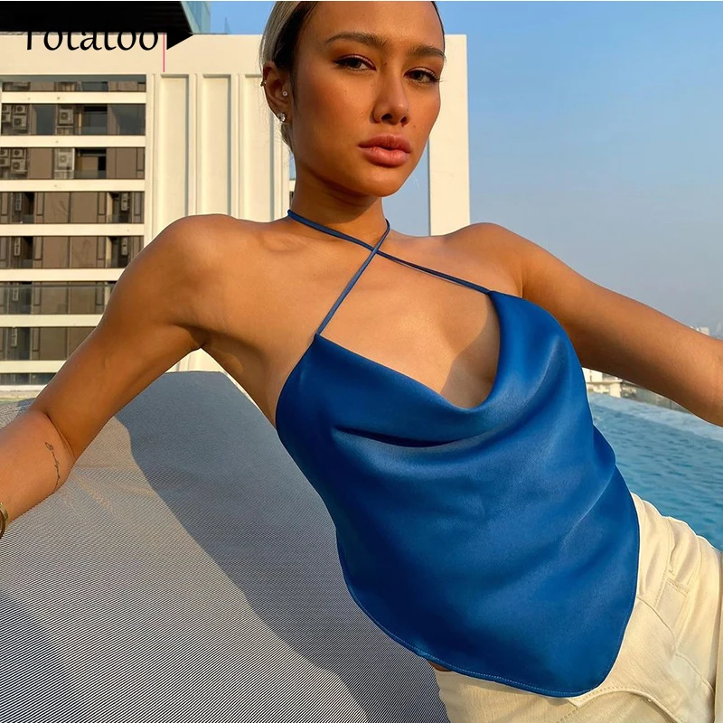 

Totatoop Sexy Open Back Sexy Halter Tops Women 2021 Summer Backless V Neck Satin Camisole Ladies Blue Fashion Crop Top Y2K