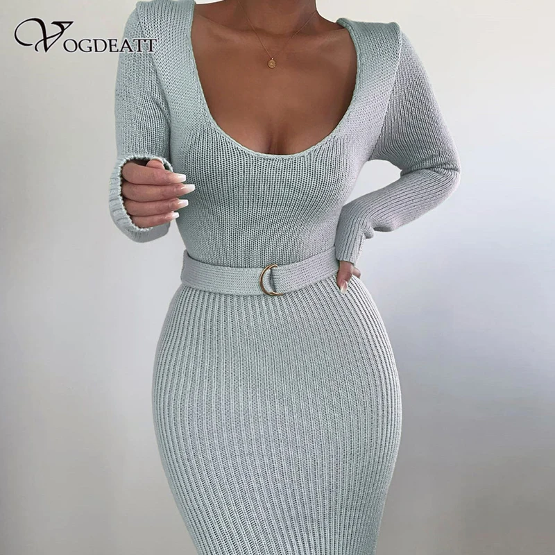 VOGDEATT вязанное платье в рубчик элегантный женский свитер круглый вырез длинный