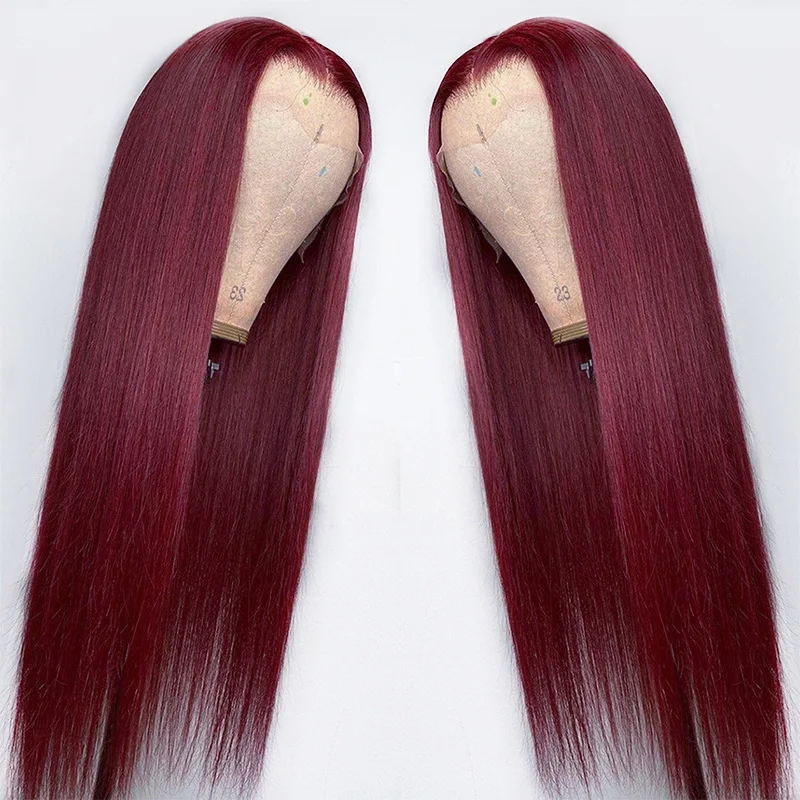 Pinshair Straight Lace Front Human Hair Wig For Women Long Color 99J Burgundy Brazilian Bone Wigs | Шиньоны и парики