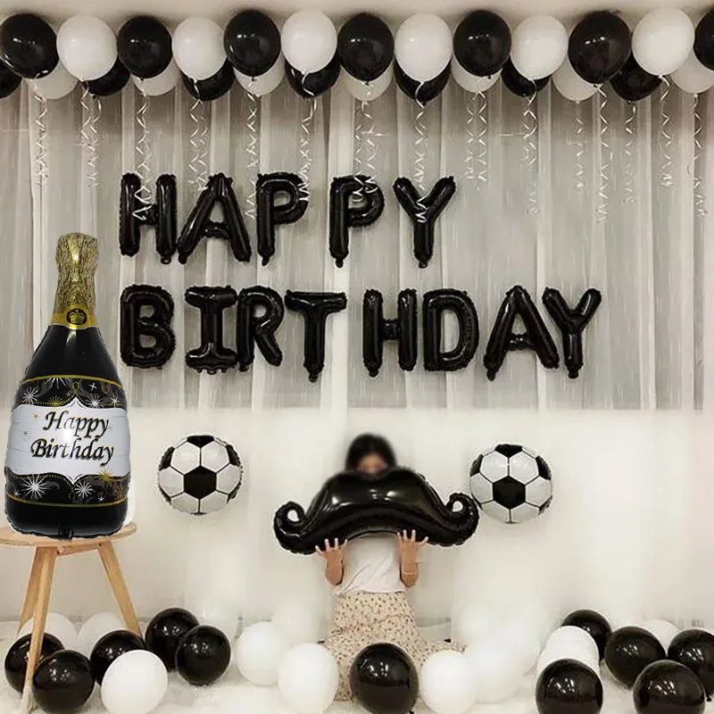 

Black White Sports Themed Birthday Balloons Father's Day Man Boy Happy Birthday Party Decor Beard Wine Bottle Football Balloon
