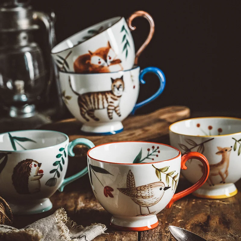 

Hand Painted Porcelain Cat Fox Bird Hedgehog Deer Mugs Microwave Safe Vintage Kitchen Drinkware Cute Coffee Milk Oatmeal Tea Cup
