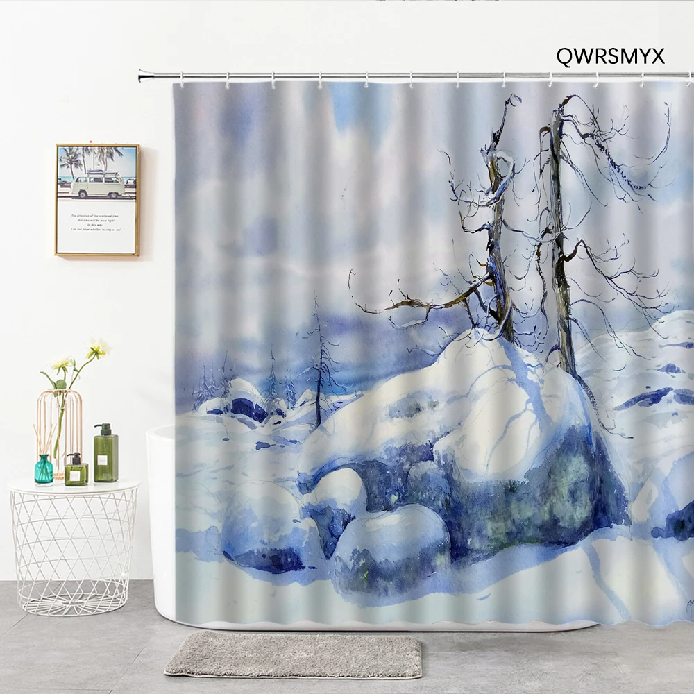 

Winter Snow Scene Shower Curtain 3D Print Modern Hand Painted Watercolor Snowy Trees Bathroom Curtains Fabric Bathroom Products