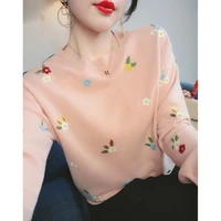 spring pink fashion womens thin pullover sweater black round neck floral embroidered sweater autumn budding knitted top