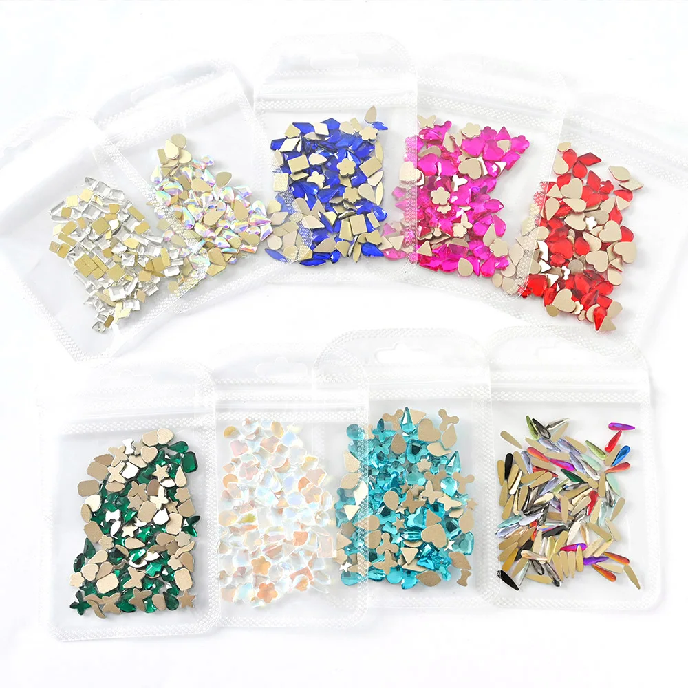 

100pcs/Bag 9 Colors Mixed Shape Flatback Rhinestones AB Color/Blue/Pink/Aurora/Green/Red Glass Stones Nail Art Decorations SR-T5