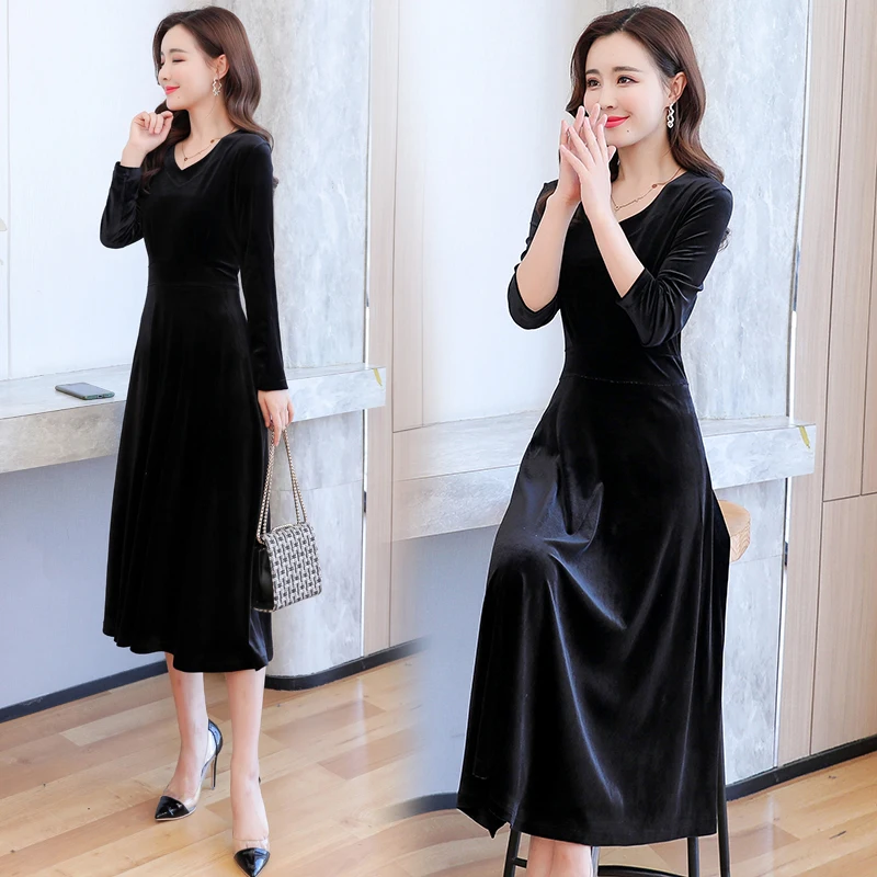 

Autumn Long Sleeve Party Dress elegant 2020 Casual V-Neck Velvet Dresses Women Vintage Slim Long Maxi Dresses Plus Size 5XL 6XL