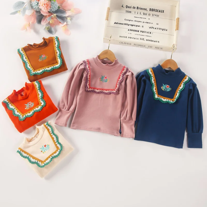 

Spring New Cotton Children's Clothing Ethnic Style Wave Lace Girls T-shirt Embroidery Bottoming Shirt Baby Long Sleeve Sweet Top