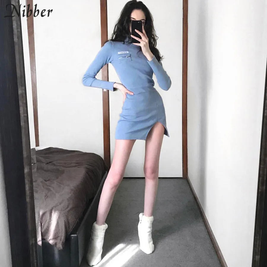 Nibber осень Харадзюку утолщаются вязать bodycon платье офис Водолазка с длинным рукавом Мини платья Mujer Осень Зима Повседневное платье