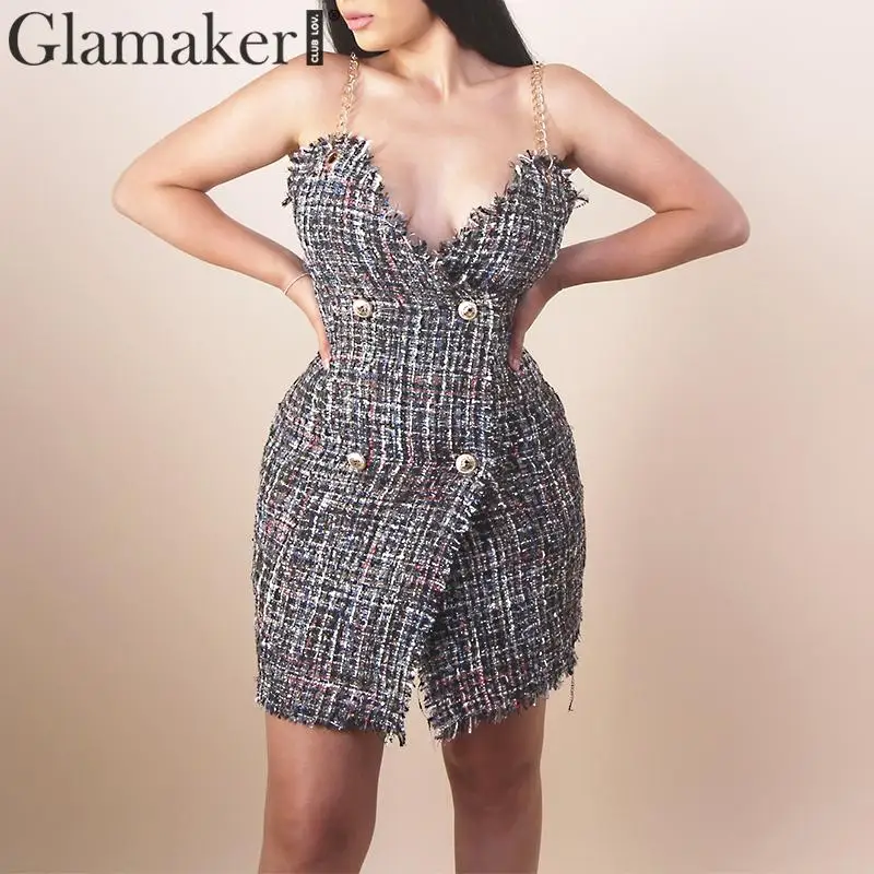 Glamaker твид Черные Короткие вечерние Клубное платье Для женщин осень без рукавов