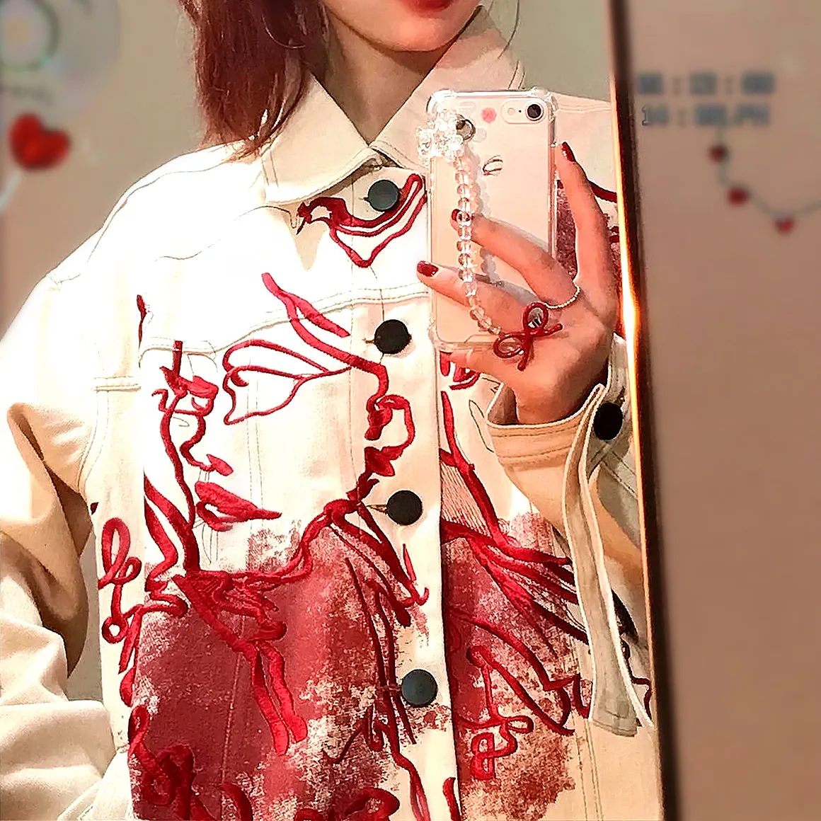 

Embroidery New Denim jacket women geek ROCK Graffit print high street outerwear coat loose oversized causal punk jackets NZ87