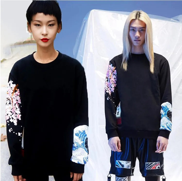 

Весенне-осенний Новый свитшот для тяжелой промышленности вишневый цвет волны для мужчин и женщин с принтом пуловер для любовников