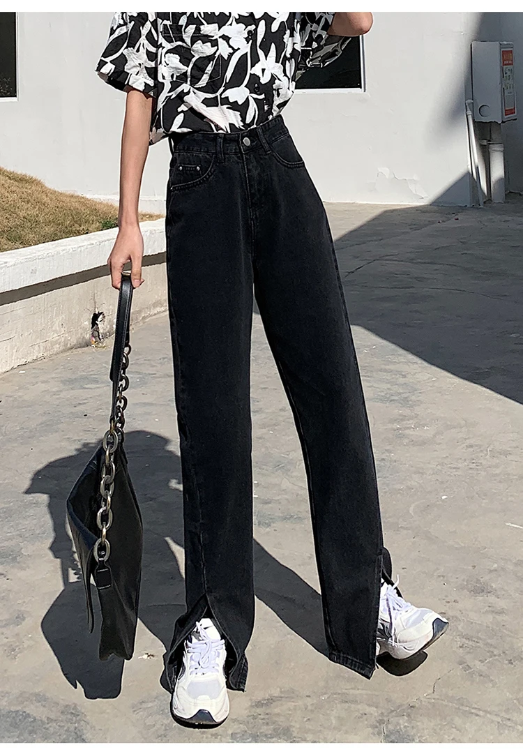

2021 Flare Jeans Women Denim Pants High Waisted Slit Leg Vintage Streetwear Bell Bottom Fashion Clothes Cut Out Full Length