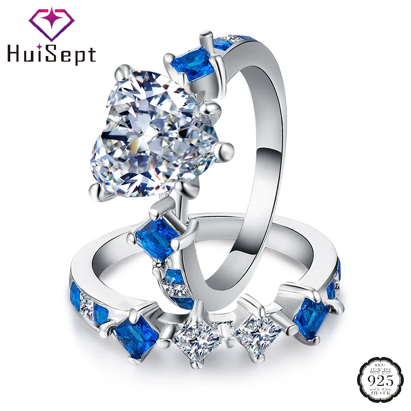 

HuiSept Ring 925 Silver Jewelry for Women with Sapphire Zircon Gemstones 2 in 1 Finger Rings for Women Wedding Engagement Party