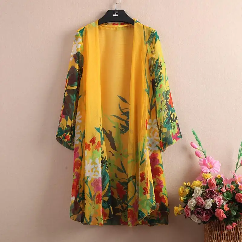 

Women Long Jackets Summer Vintage Floral Print Coat Chiffon Bikini Open Stitch Jacket Top Womens Beach Sunscreen Swimsuit Coats