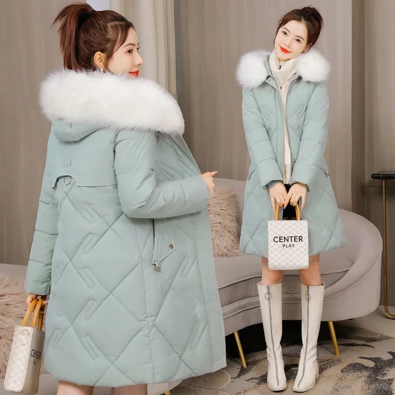 

New Solid Winter Women Slim Long Jacket Plus Size Fur Collar Hooded Parkas Thickness Snow Warm Outwear Down Jacket