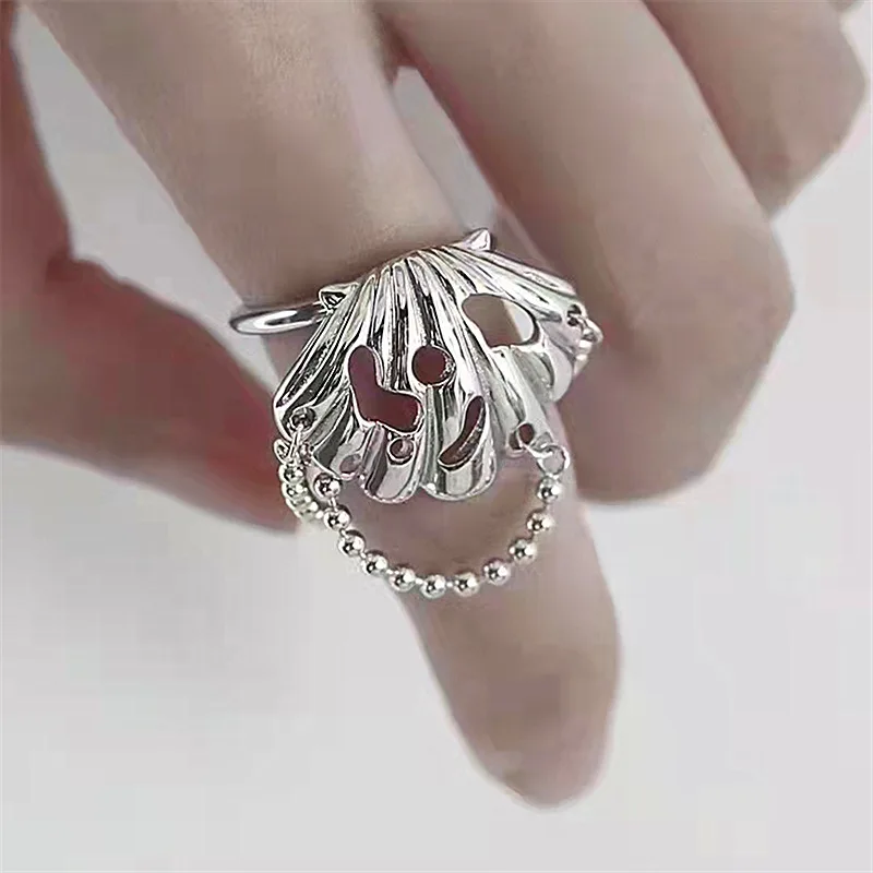 

Minar Korean Japan Hollow Out Shell Charm Rings for Women Silver Color Metallic Long Chain Tassel Ring Statement Accessories