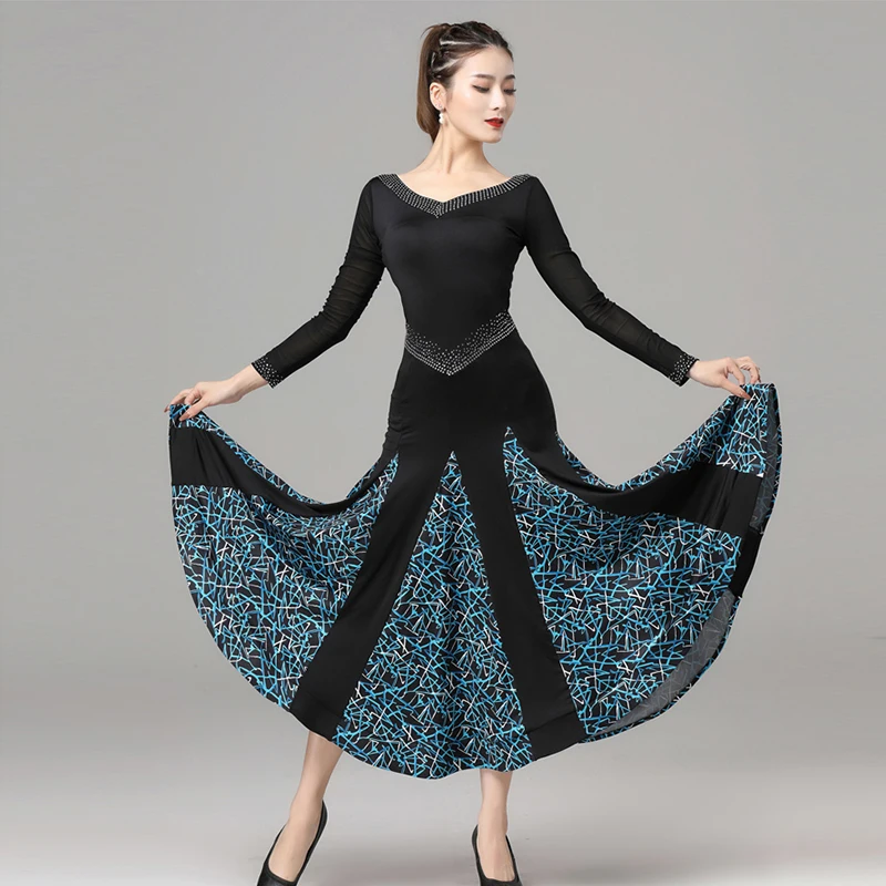 

Ballroom Dance Professional Competition Dress Rhinestone V-Neck Printing Hemline Standard Waltz Performance Costume VDB3785