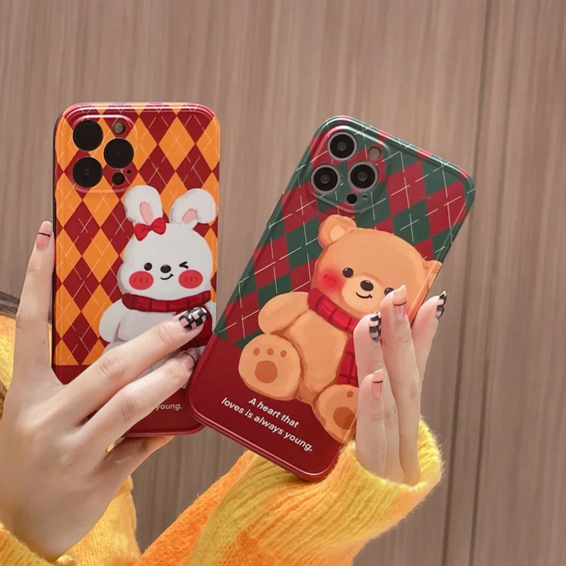 

Diamond Plaid Cute Bunny Bear phone case Soft Silicone for iPhone 11 12 Pro 7 8 Plus 13 X XS XR MAX SE 2 Fashion Back Cover