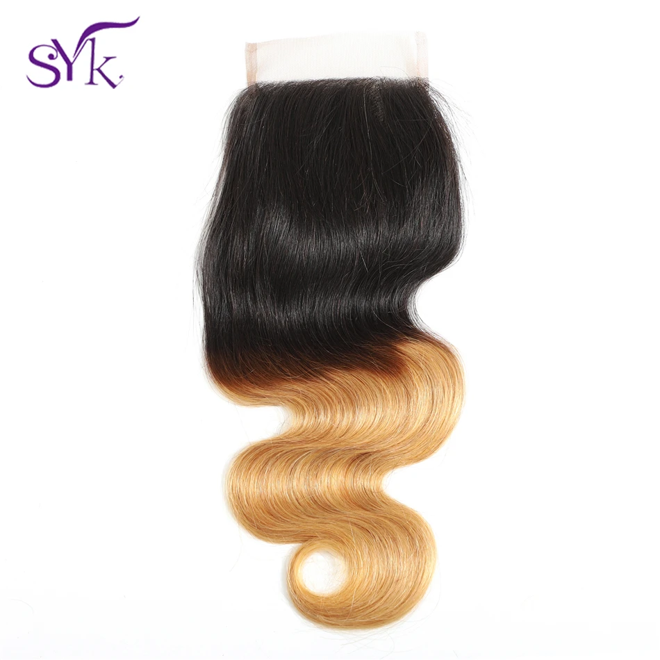 SYK Hair Ombre Lace Closure Brazilian Human Hair T1B/27 Body Wave Hair 4*4 Lace Closure Pre Colored Non Remy Hair Extensions