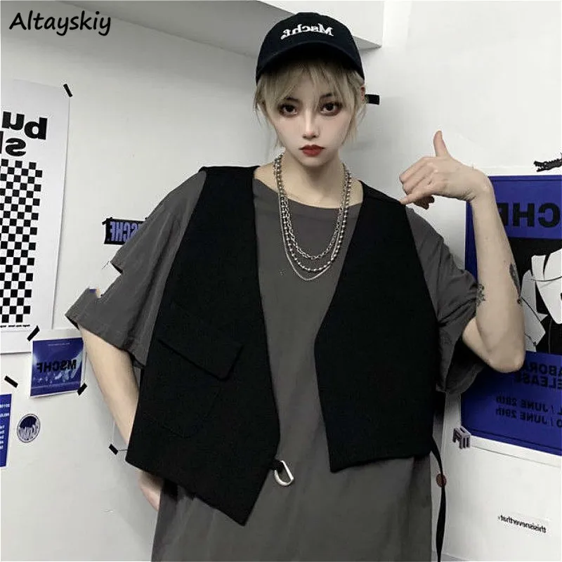 

Vests Women V-neck Students Street Style Ladies Sleeveless Solid Loose Spring All-match Fashionable Mujer Cool Popular Causal
