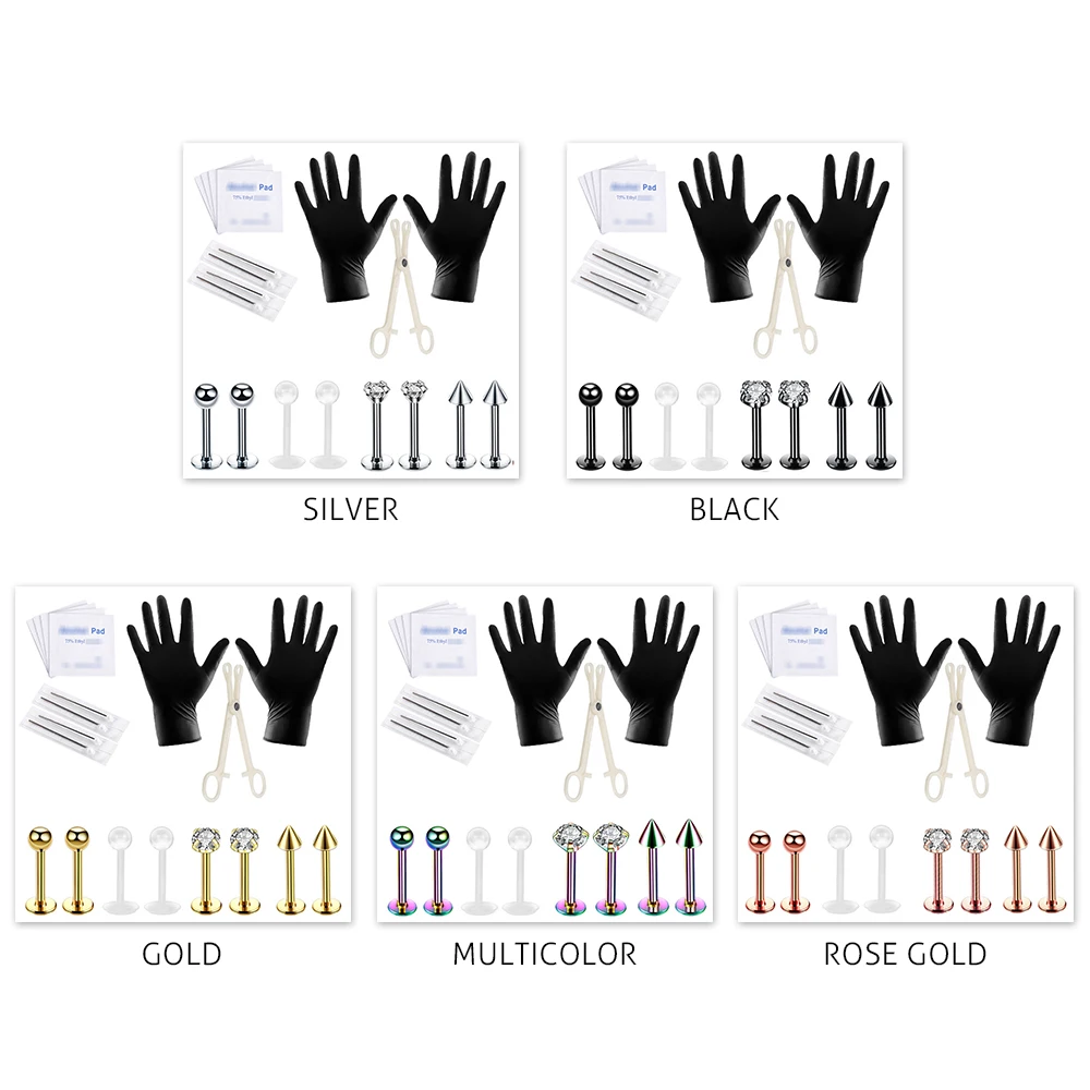 

19Pcs Body Piercing Tools Kit Nose Tragus Tongue Lip Needles Piercing Bar Ring Stainless Steel Jewelry Set