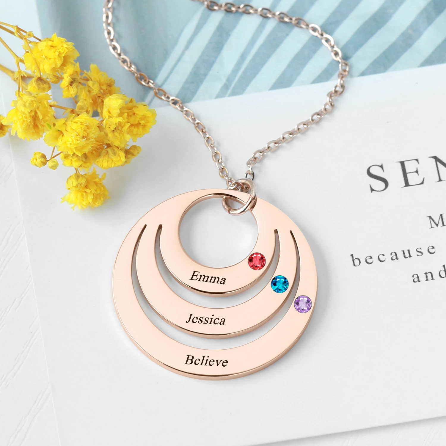 

Customized Birthstone Name Necklace Personalized Engrave 1-3Names Round Necklace For Mommy Stainless Steel Gold Charm Jewelry