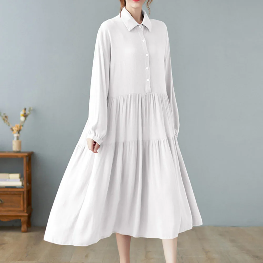 

2021 Autumn New Long Dress Women Temperament Korean Version Of Solid Color Long Sleeved Lapel Fashion Casual Japanese Style